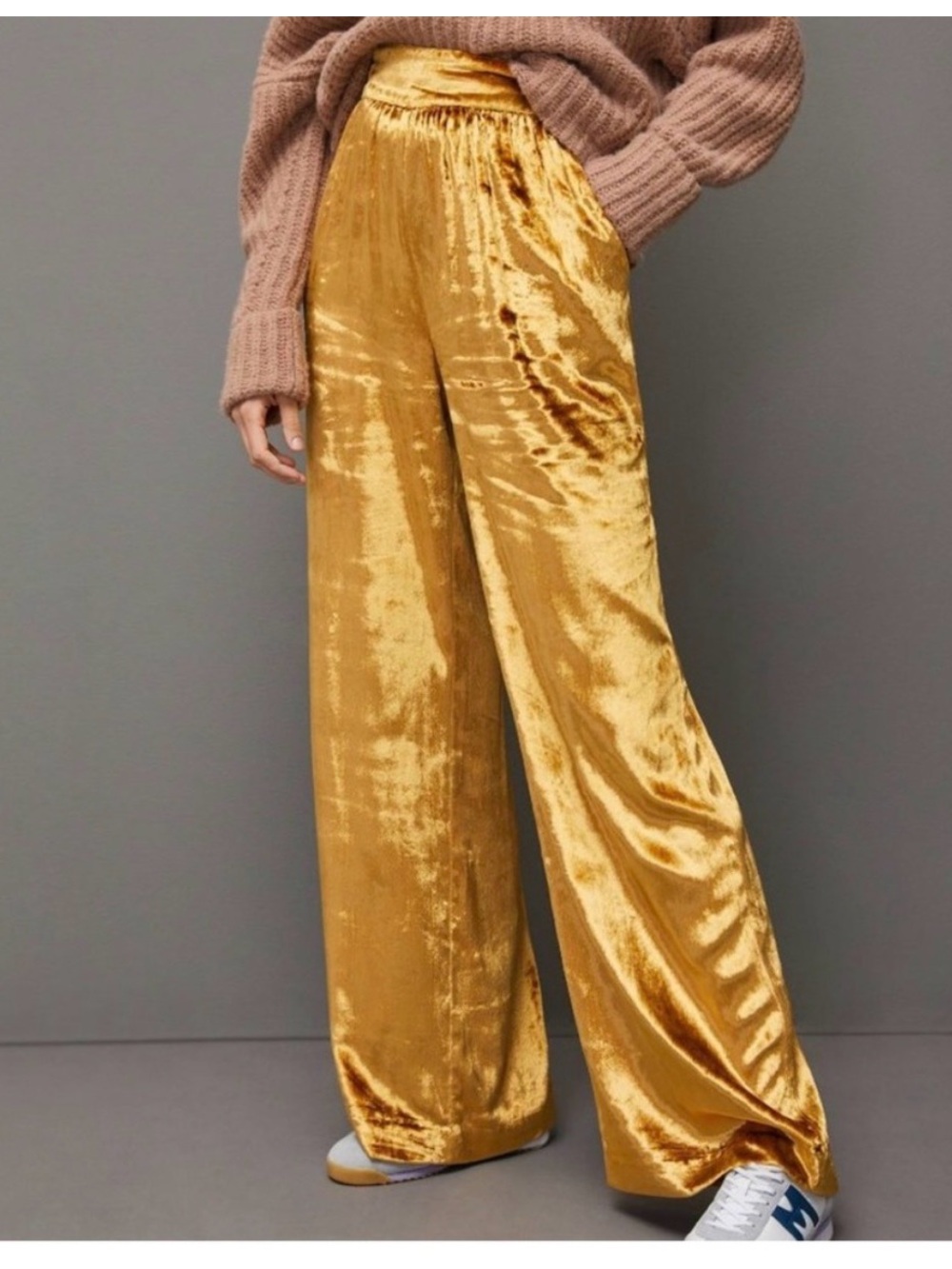 Maeve Wide-Leg Velvet Pants in Mustard/Gold